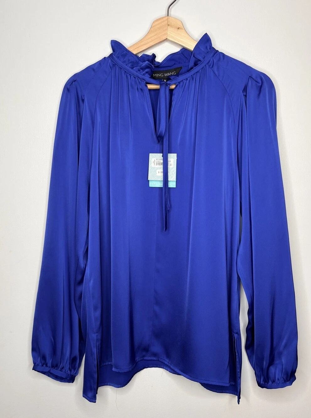 NWT Ming Wang Women's Cobalt Blue Ruffle Tie Neck Blouse Size Medium